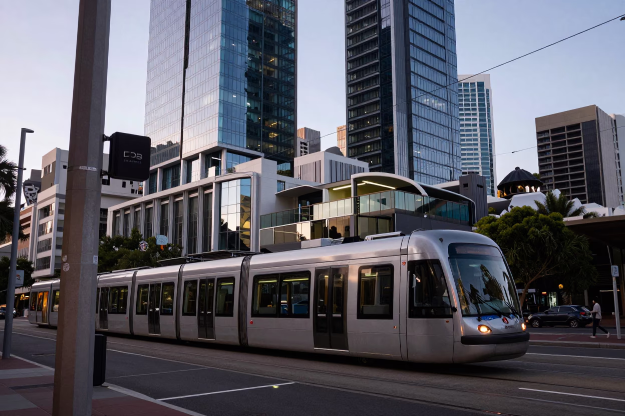 Perth Early Evening Street Scene with Monorail and Glass Towers in in Perth, Western Australia, Australia