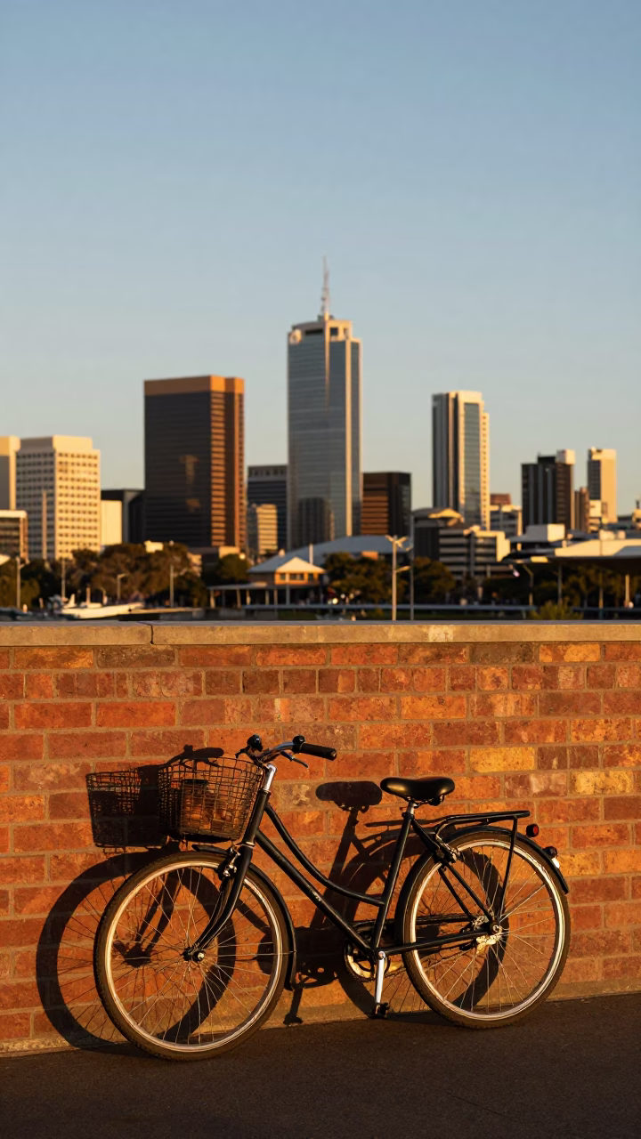 Perth Golden Hour Skyline with Bicycle Leaning Against Cafe Wall in in Perth, Western Australia, Australia