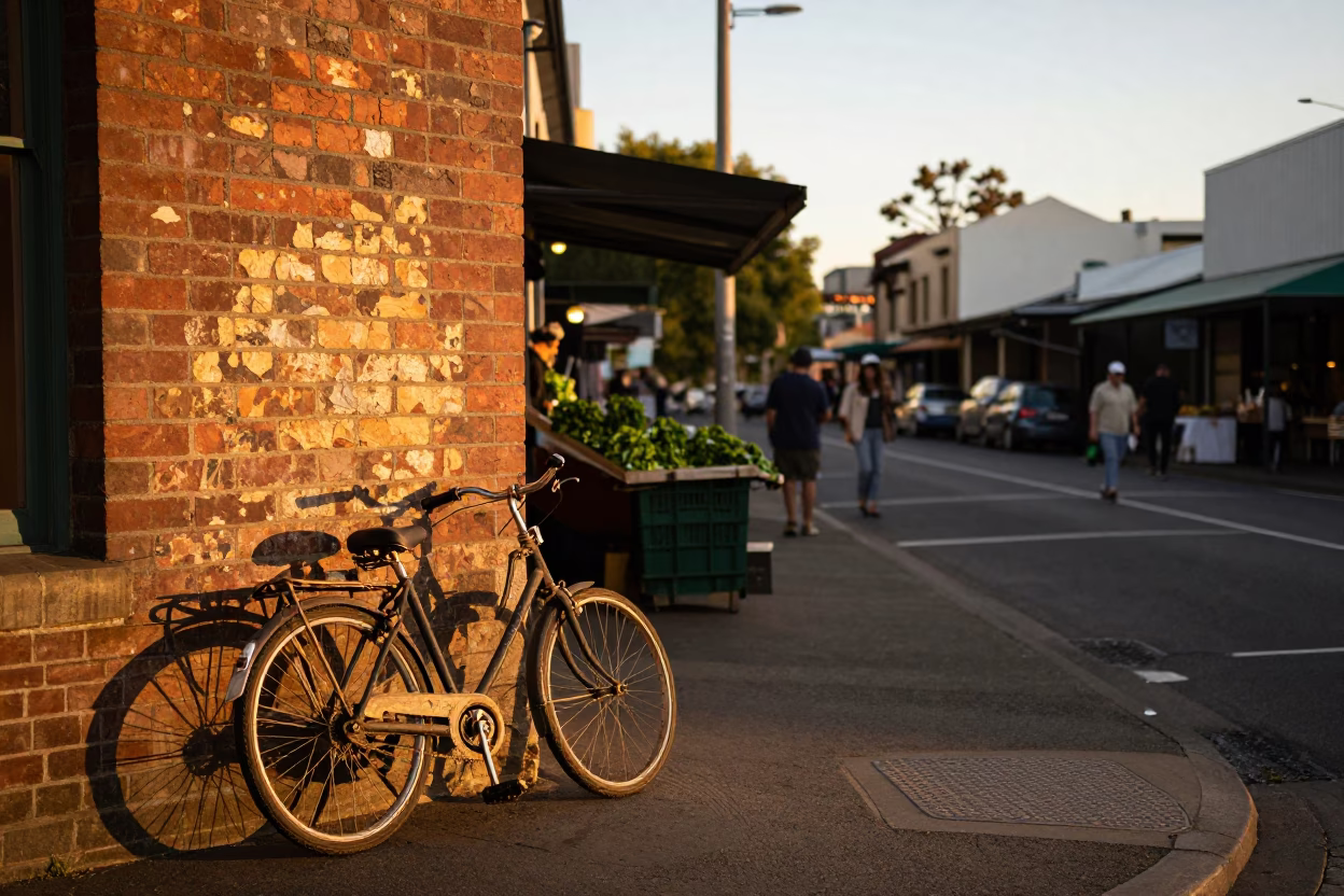 Perth Golden Hour Street Scene with Vintage Bicycle and Basil Market Stall in in Perth, Western Australia, Australia