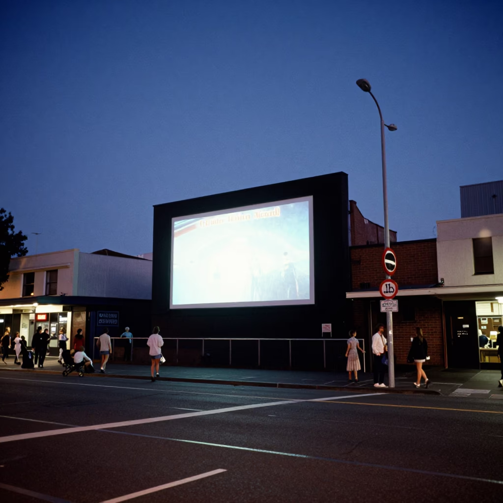 Perth indigo twilight street scene with outdoor cinema screen and local pedestrians in in Perth, Western Australia, Australia