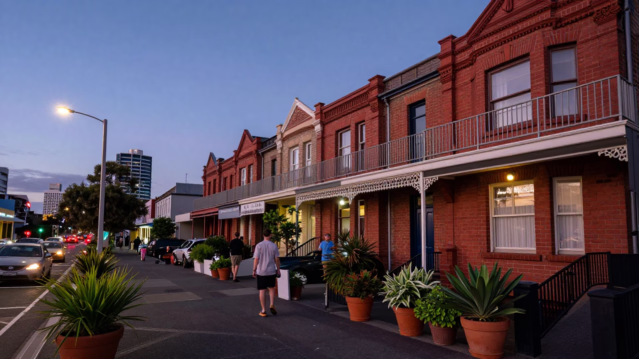 Perth indigo twilight street scene with potted plants and drinking vessel on balcony in in Perth, Western Australia, Australia