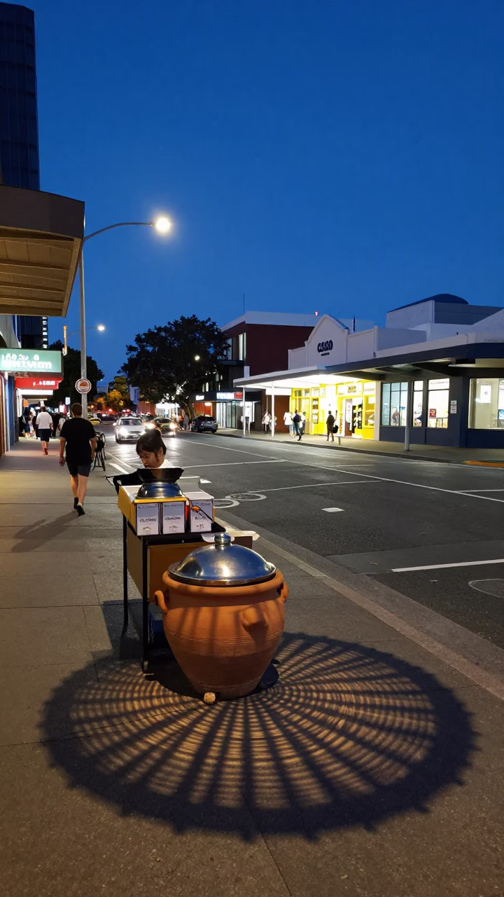 Perth Indigo Twilight Street Scene with Wicker Shadow on Pot Lid and Urban Life in in Perth, Western Australia, Australia