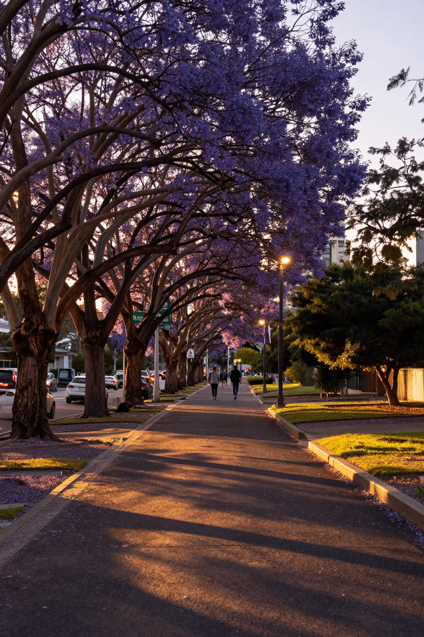 Perth Jacaranda Boulevarde Evening Light and Local Park Scene in in Perth, Western Australia, Australia