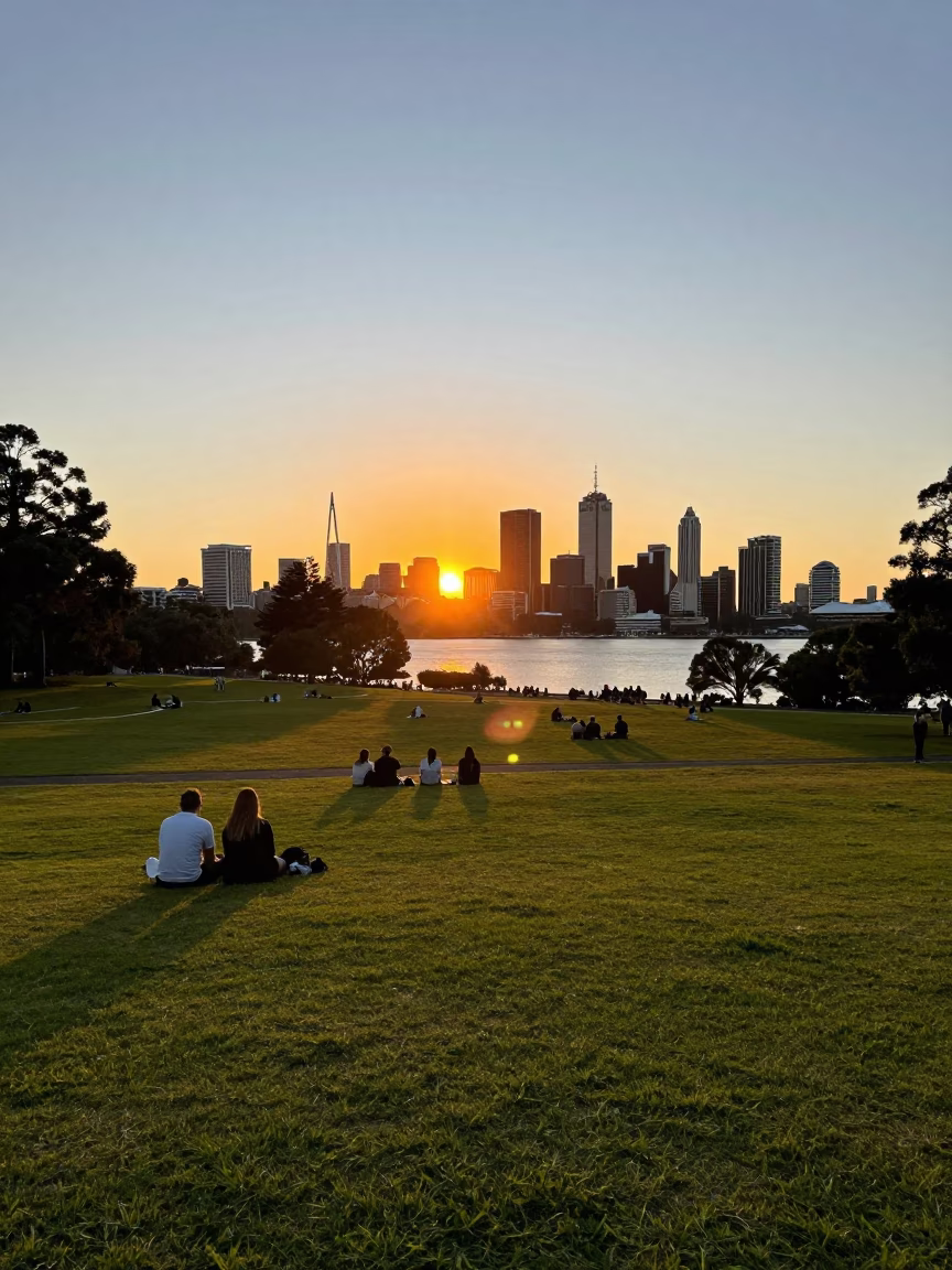 Perth Kings Park sunset view over Swan River and city skyline at dusk in in Perth, Western Australia, Australia