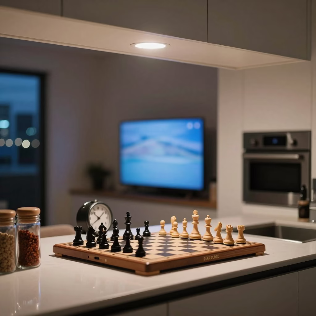 Perth kitchen night scene with chess clock and spice jars in in Perth, Western Australia, Australia