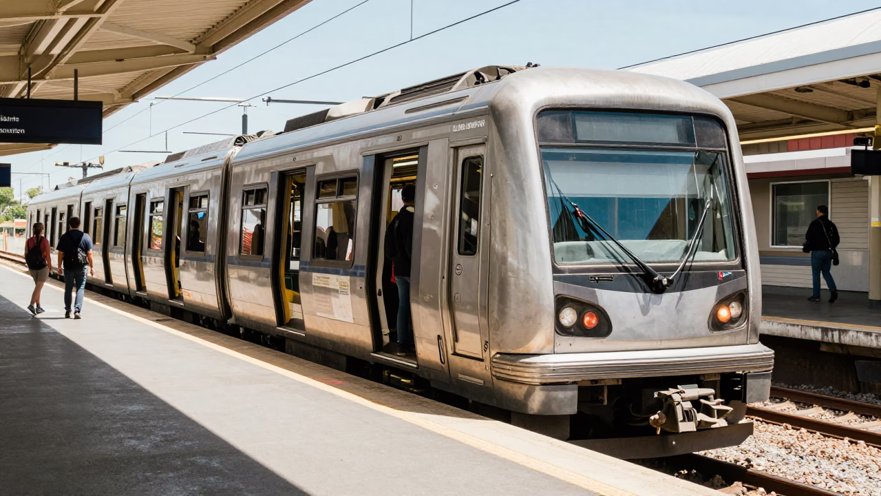 Perth Metro Train Arriving at Art-Adorned Station in Bright Midmorning Light in in Perth, Western Australia, Australia