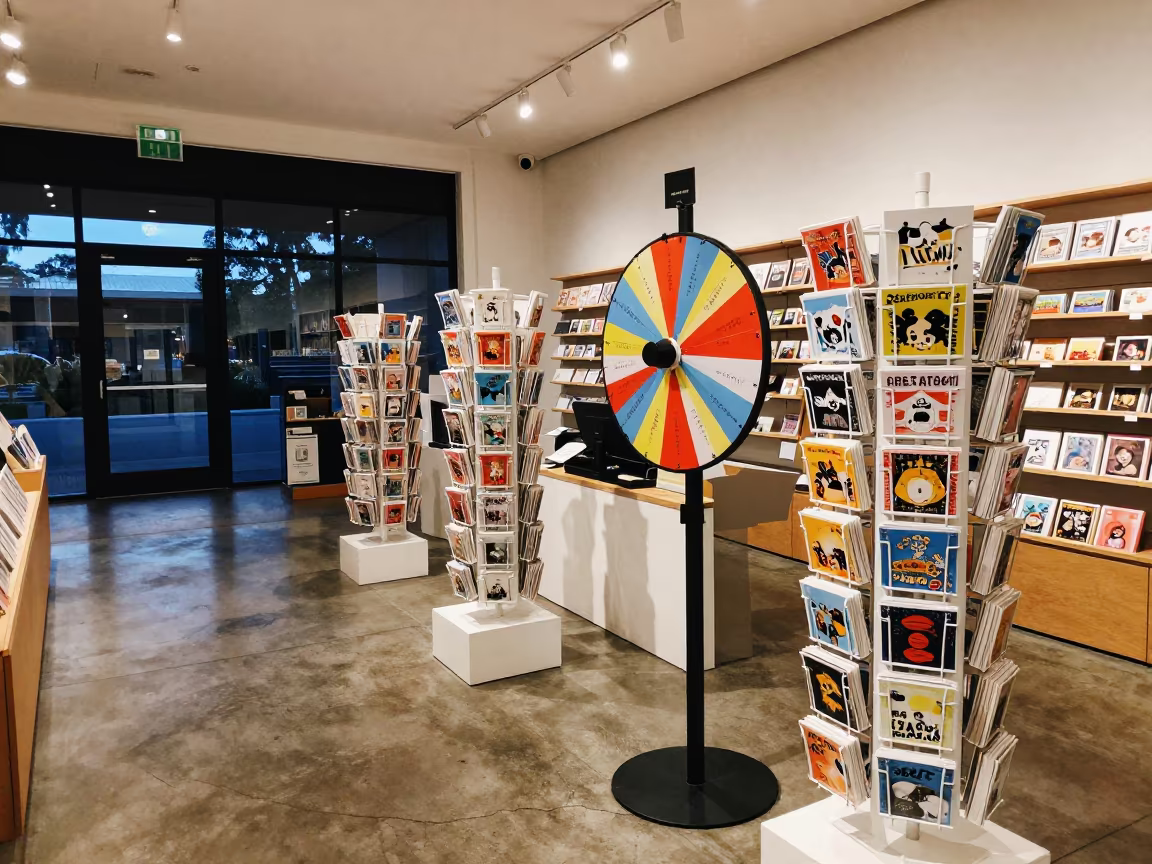 Perth Museum Gift Shop Spinner at Dawn in at a checkout lane under flat store light in Perth