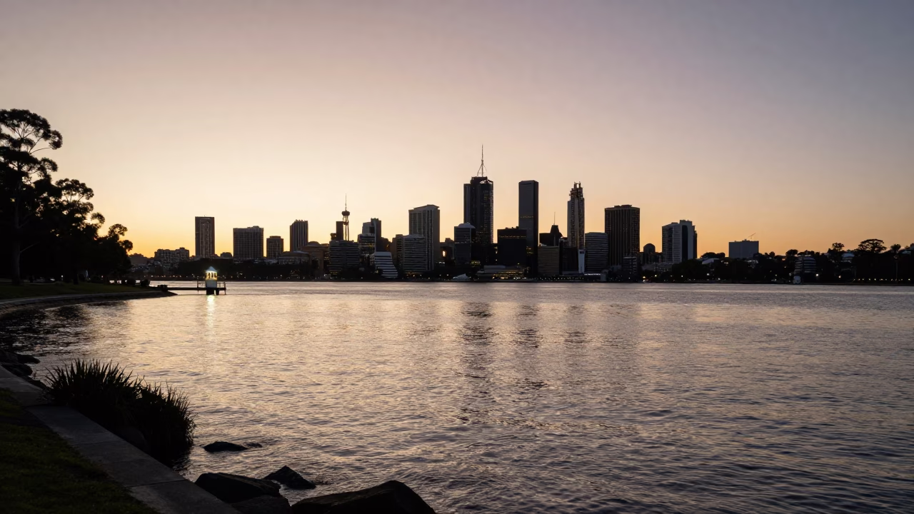 Perth Nautical Dawn Light on Swan River and Riverside Promenade Walkway in in Perth, Western Australia, Australia