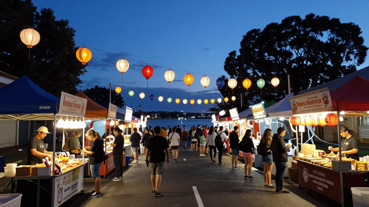 Perth Night Market Indigo Twilight Street Scene with Food Vendors in in Perth, Western Australia, Australia