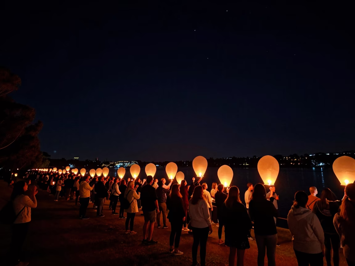 Perth night sky lantern festival torchlight procession under deep darkness in in Perth, Western Australia, Australia