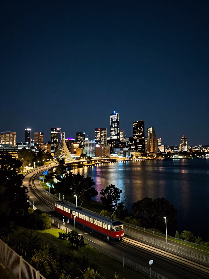 Perth Night Skyline with Funicular Railway and River Views Under Deep Darkness in in Perth, Western Australia, Australia