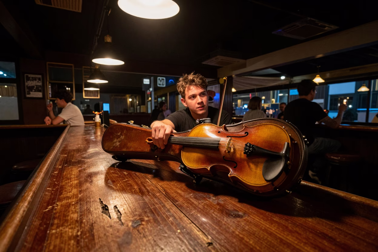 Perth Nightlife Interior with Violin and Shoebox on Wooden Table in in Perth, Western Australia, Australia