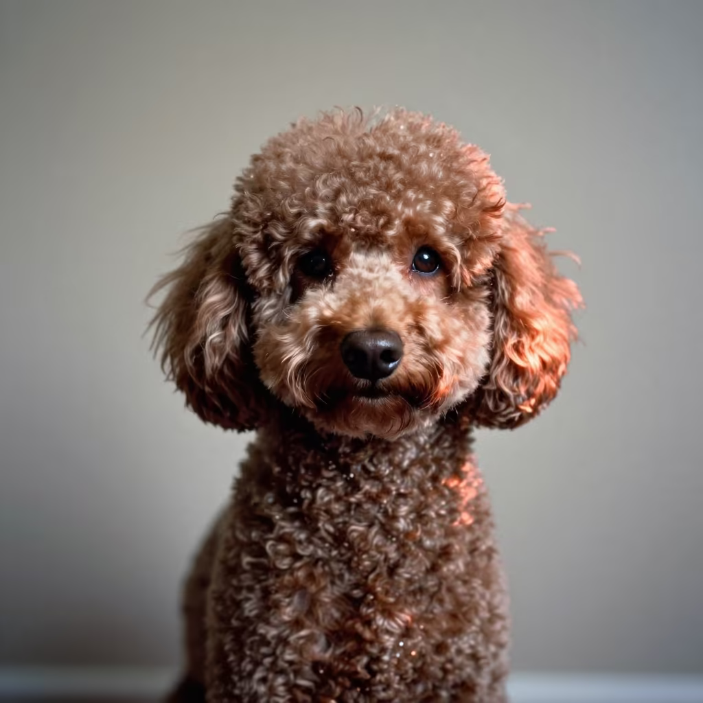 Perth Poodle Portrait With Warm Copper Edge Light in beside a plain plaster wall in soft indoor light with the animal centered in frame in Perth
