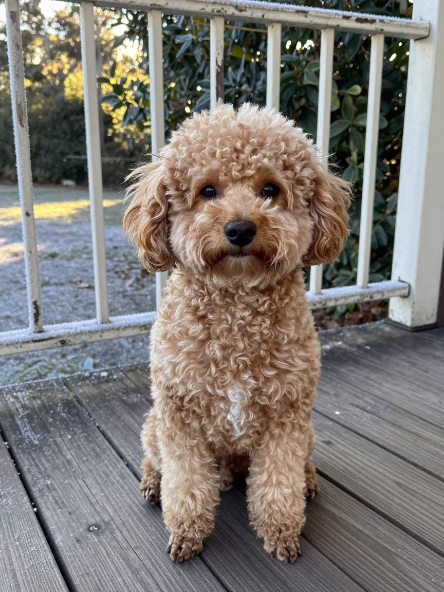 Perth Porch Portrait of Teacup Poodle in Dappled Light in on a shaded front porch with boards, railings, and eye-level framing in Perth