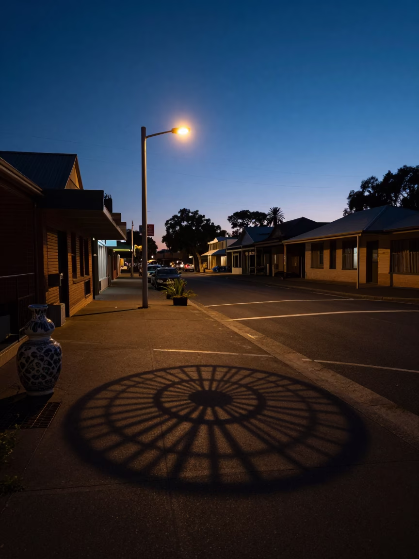Perth Predawn Street Scene with Wicker Shadow and Ceramic Plate in Western Australia in in Perth, Western Australia, Australia
