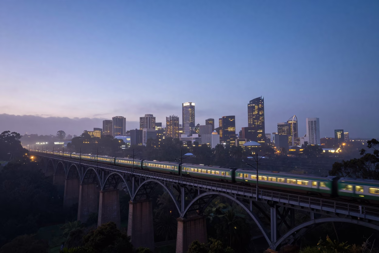Perth Railway Viaduct at Dusk with Train and City Lights in in Perth, Western Australia, Australia