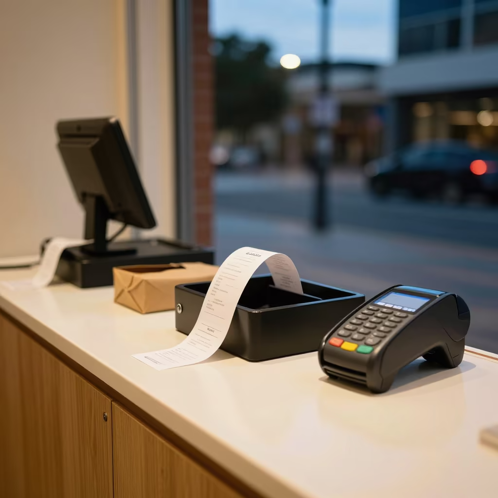 Perth Retail Counter After Rainy Rush in at a checkout lane under flat store light near Perth