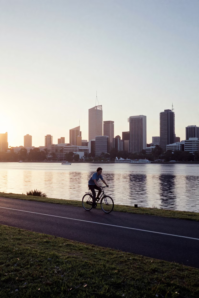 Perth River Scene After Sunrise with Bicycle and Urban Greenery in in Perth, Western Australia, Australia