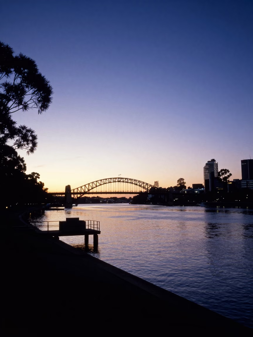 Perth Riverbank Dawn Bridge Maintenance Cradle and Quiet Morning Light in in Perth, Western Australia, Australia