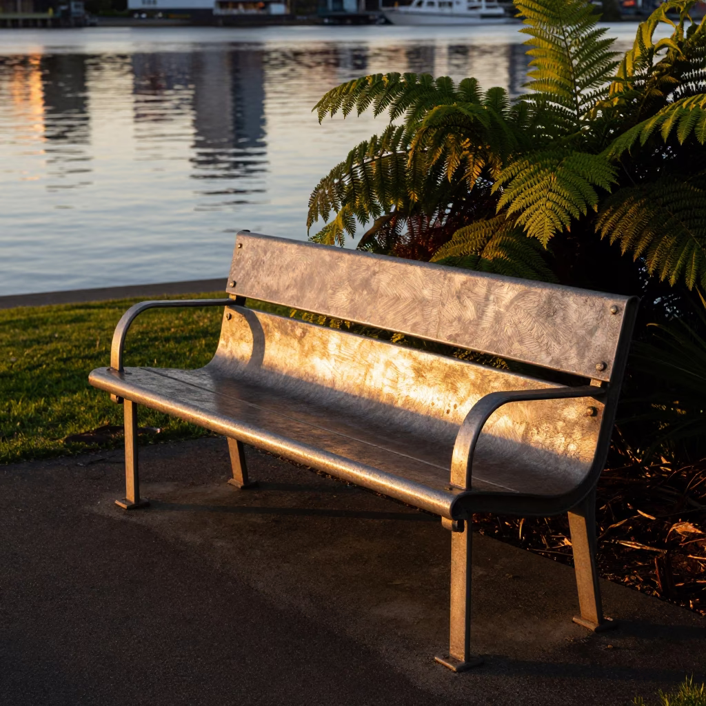 Perth Riverbank Evening Reflection on Brushed Steel with Fern Fronds in in Perth, Western Australia, Australia