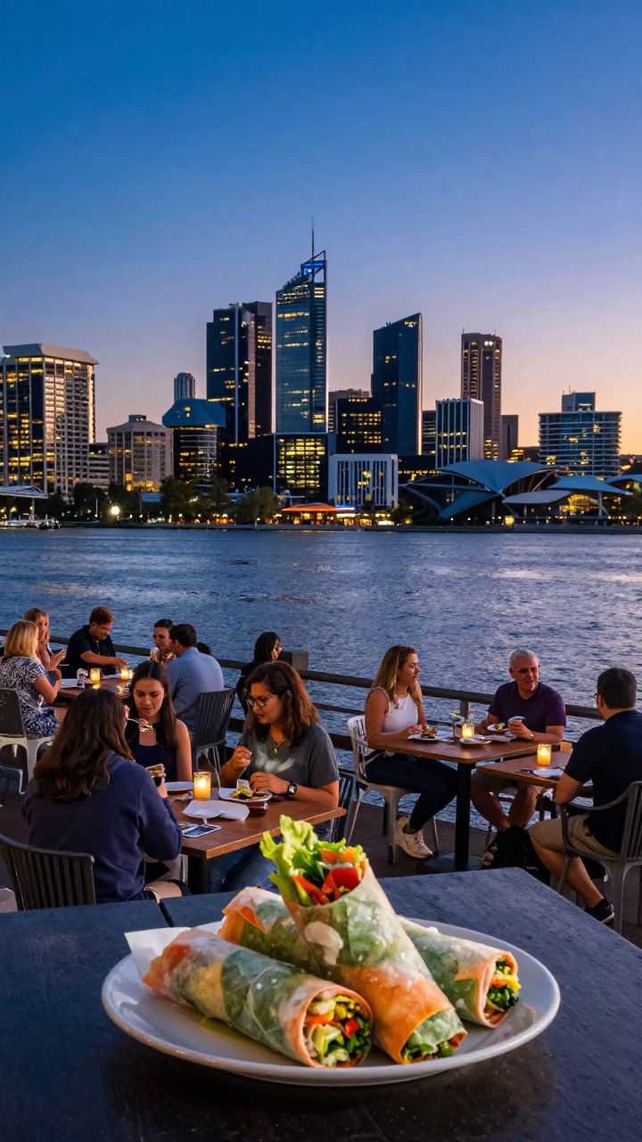 Perth Riverfront Dining at Blue Hour with Vietnamese Spring Rolls and Local Atmosphere in in Perth, Western Australia, Australia