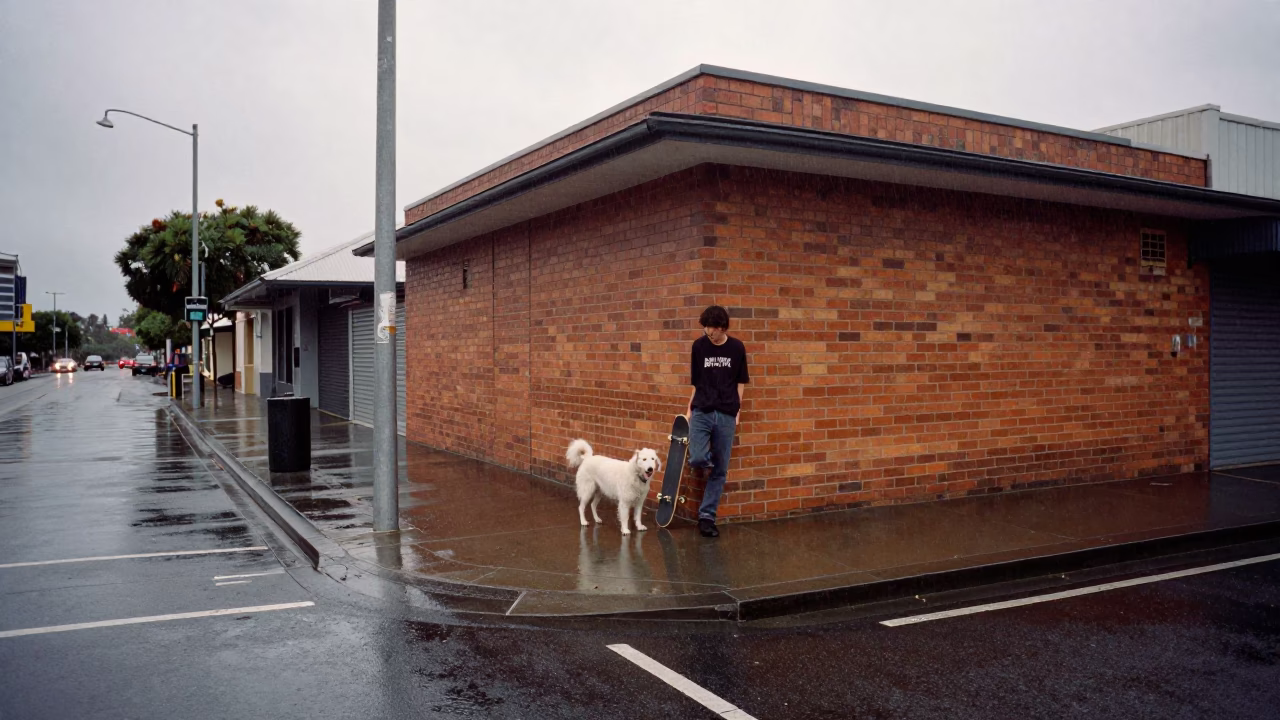 Perth Street Corner After Rain with Skateboard and White Dog in in Perth, Western Australia, Australia