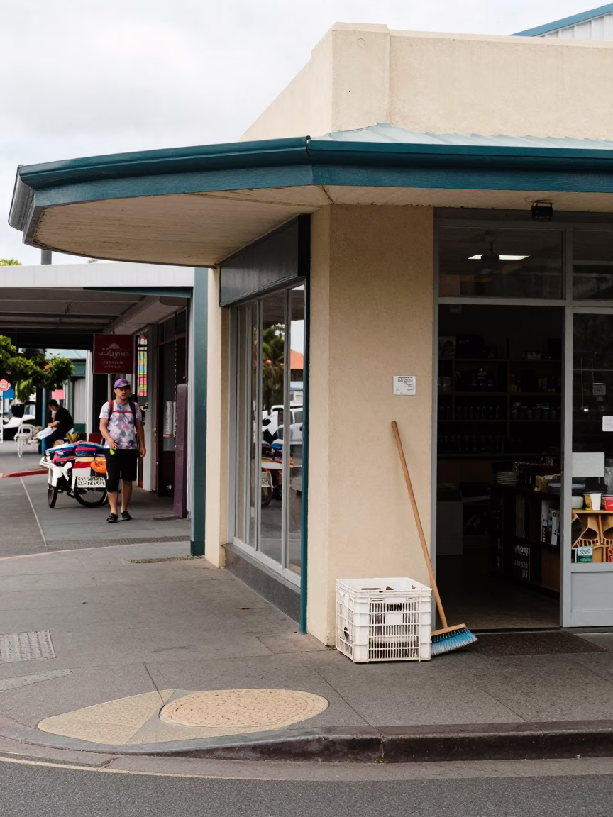 Perth Street Corner Under Overcast Midday Light With Local Shop Display in in Perth, Western Australia, Australia