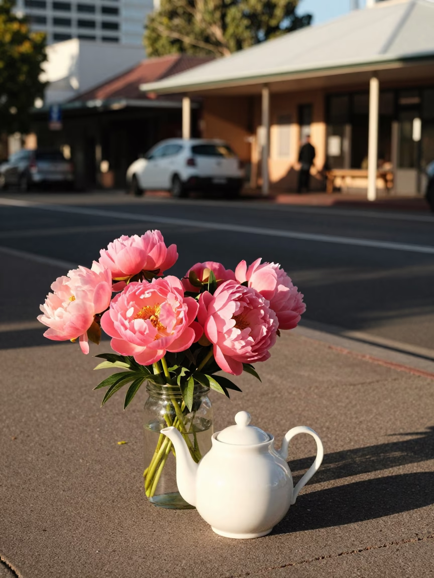 Perth street corner with peonies and teapot during warm late afternoon in in Perth, Western Australia, Australia