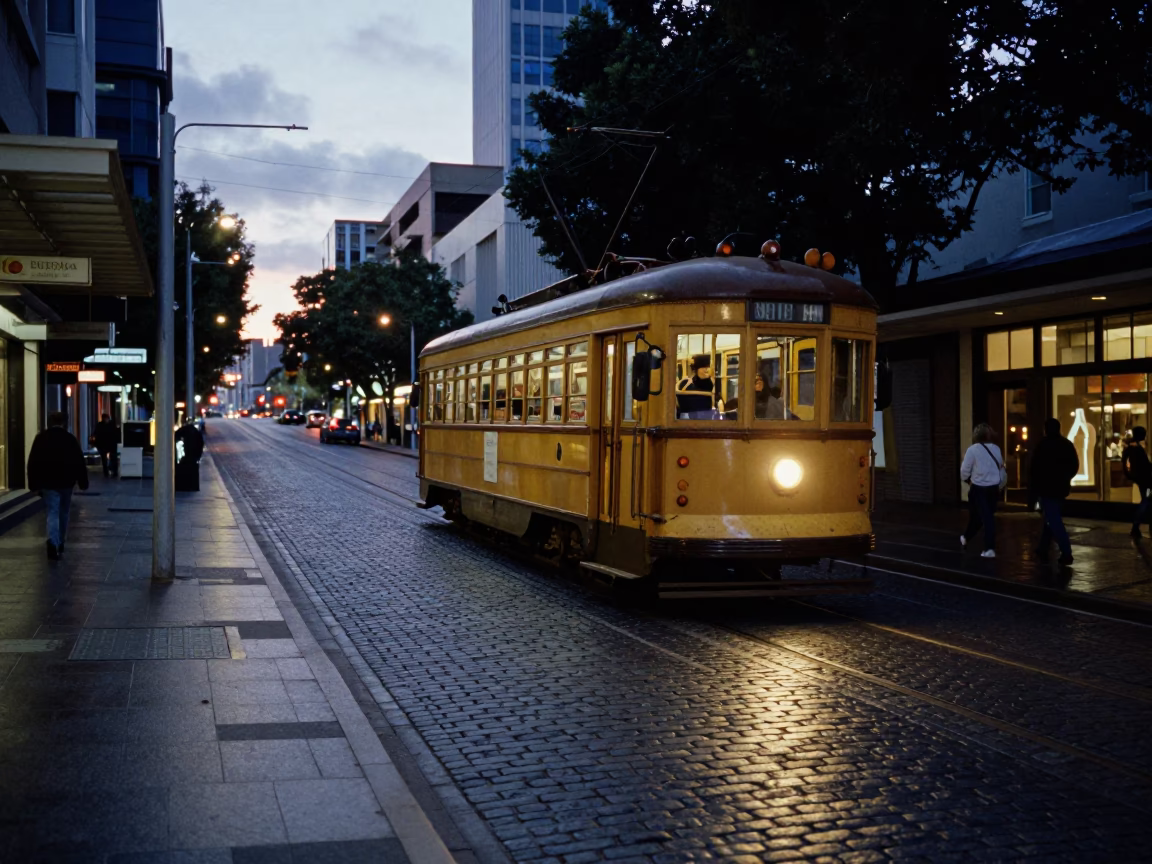 Perth Street Scene at Dusk with Tram on Steep Hill and City Lights in in Perth, Western Australia, Australia