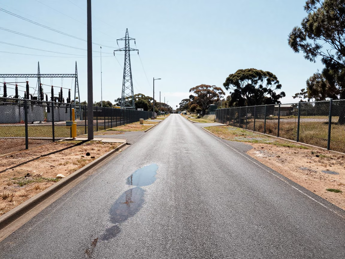 Perth Substation Access Road with Oil Sheen Rainwater Under Noon Glare in in Perth, Western Australia, Australia
