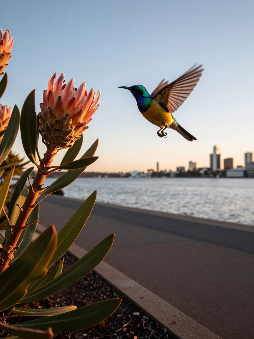 Perth Sunbird Hovering at The Early Evening Light in in Perth, Western Australia, Australia