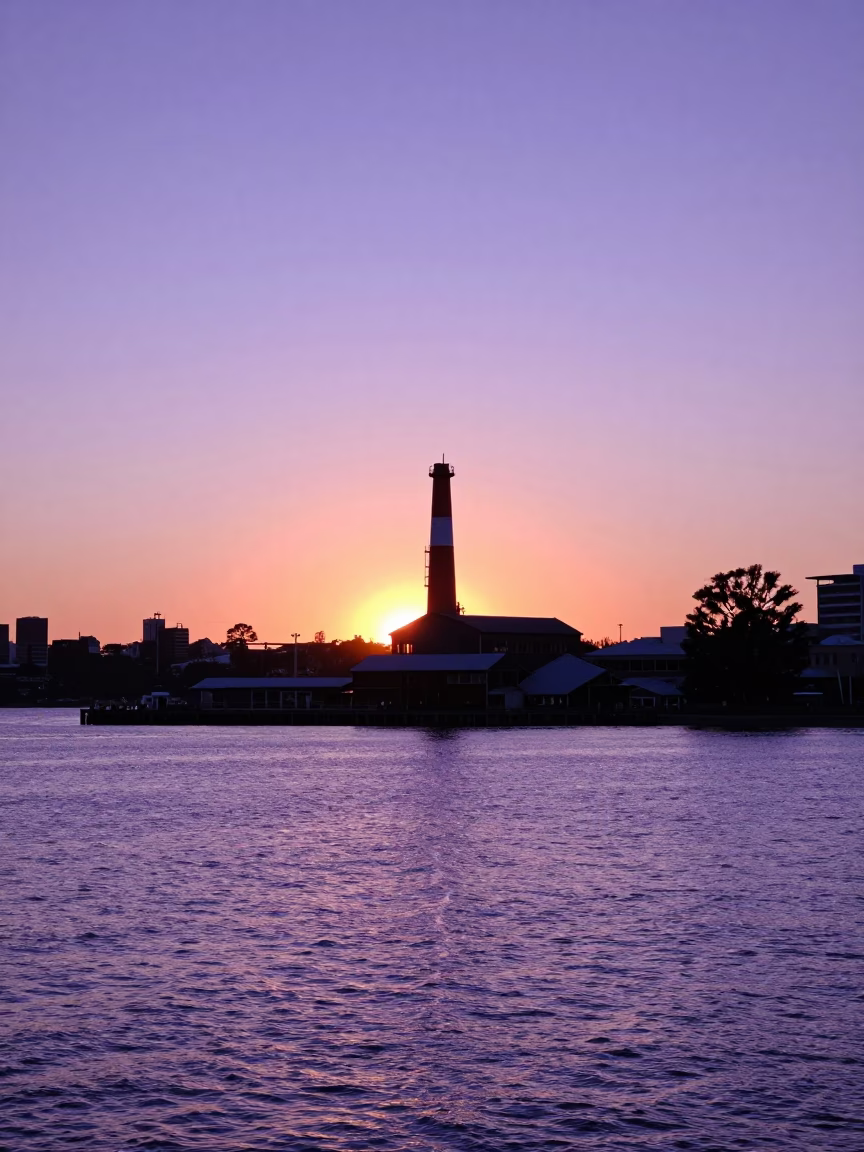 Perth Sunset at Elizabeth Quay with Pumping Station and Urban Canal Life in in Perth, Western Australia, Australia