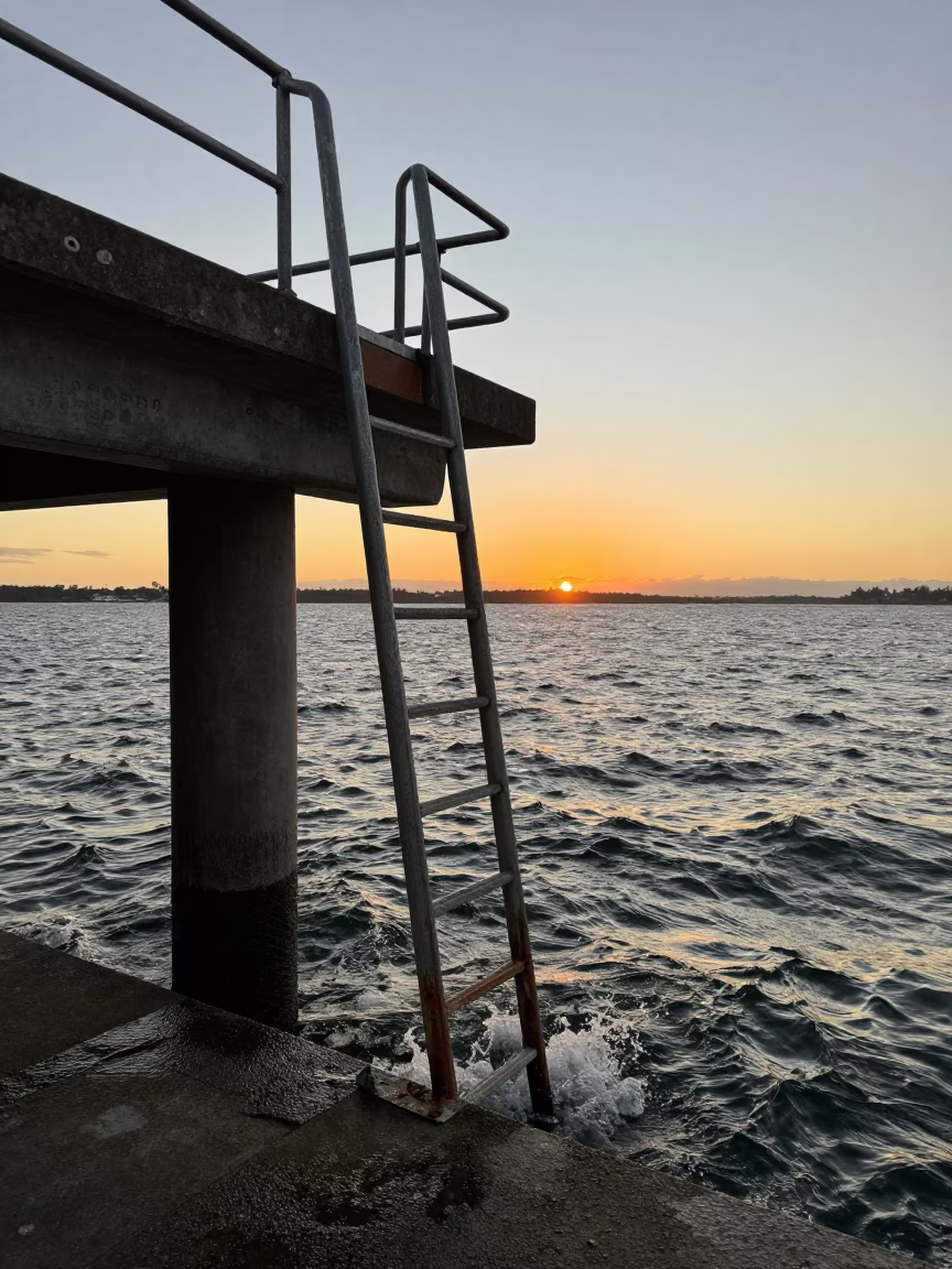 Perth Sunset Bridge Pier Inspection Ladder Over Choppy Estuary Water in Western Australia in in Perth, Western Australia, Australia