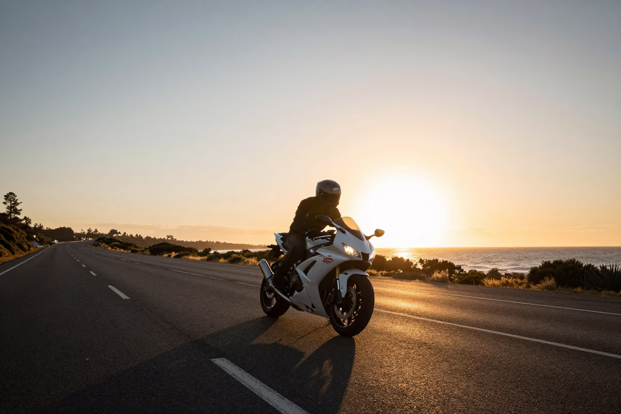 Perth Sunset Coastal Highway Motorcycle Rider at Golden Hour in Western Australia in in Perth, Western Australia, Australia