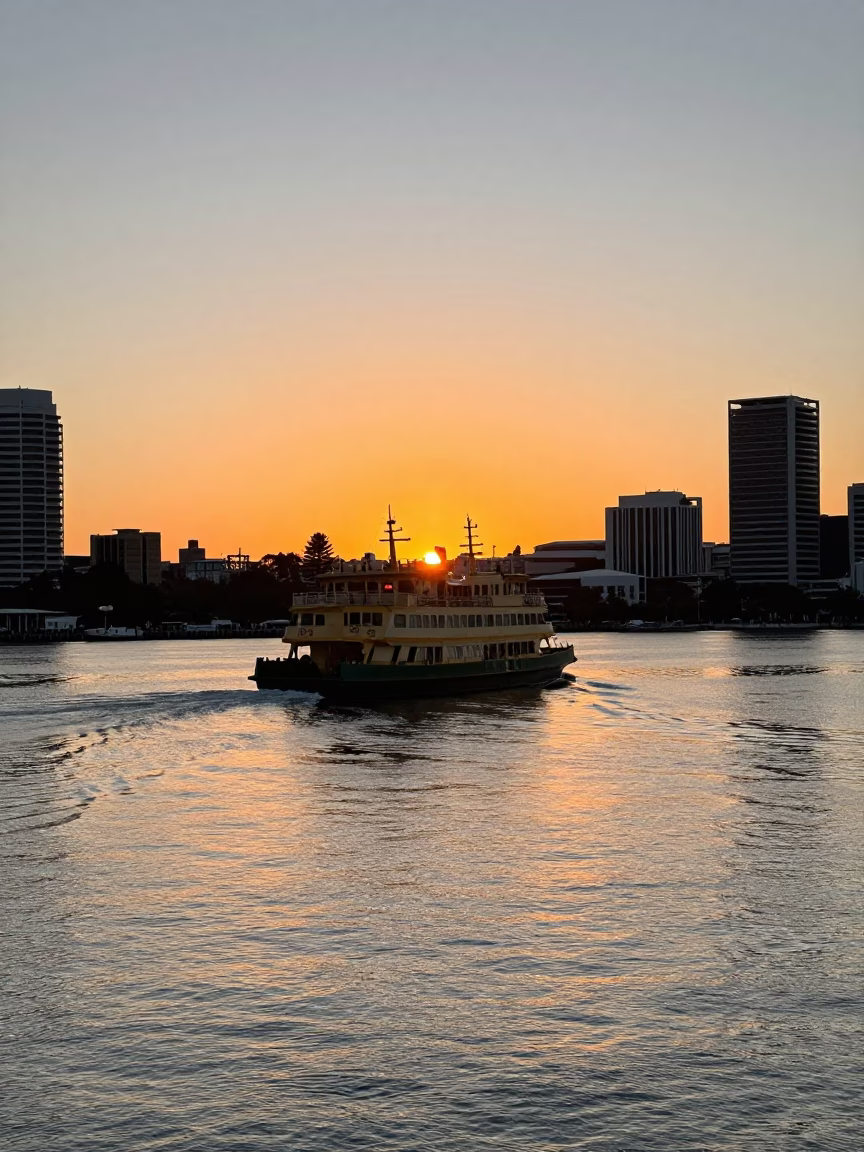 Perth Sunset Ferry Departure from Elizabeth Quay with Swan River Mountains and Urban Skyline in in Perth, Western Australia, Australia