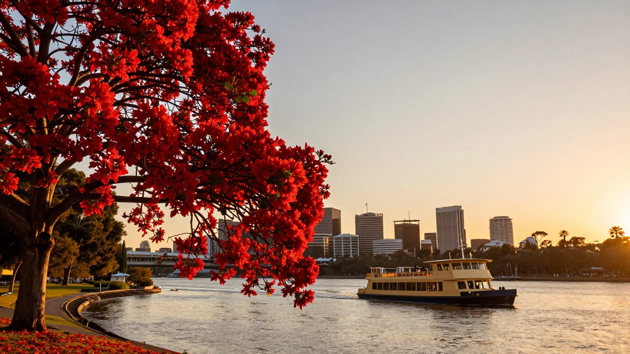 Perth Sunset Flame Tree Bloom Over Swan River Ferry and Iron Clock in in Perth, Western Australia, Australia