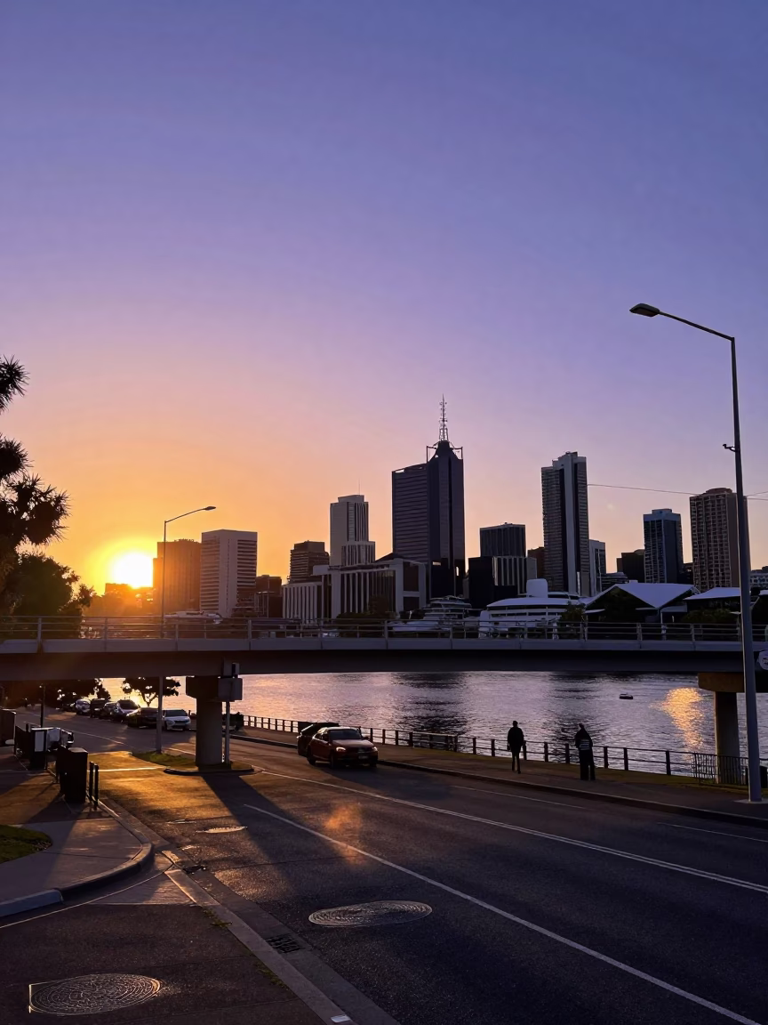 Perth Sunset Golden Hour Street Scene with Overpass and Rain-Slicked Roads in in Perth, Western Australia, Australia