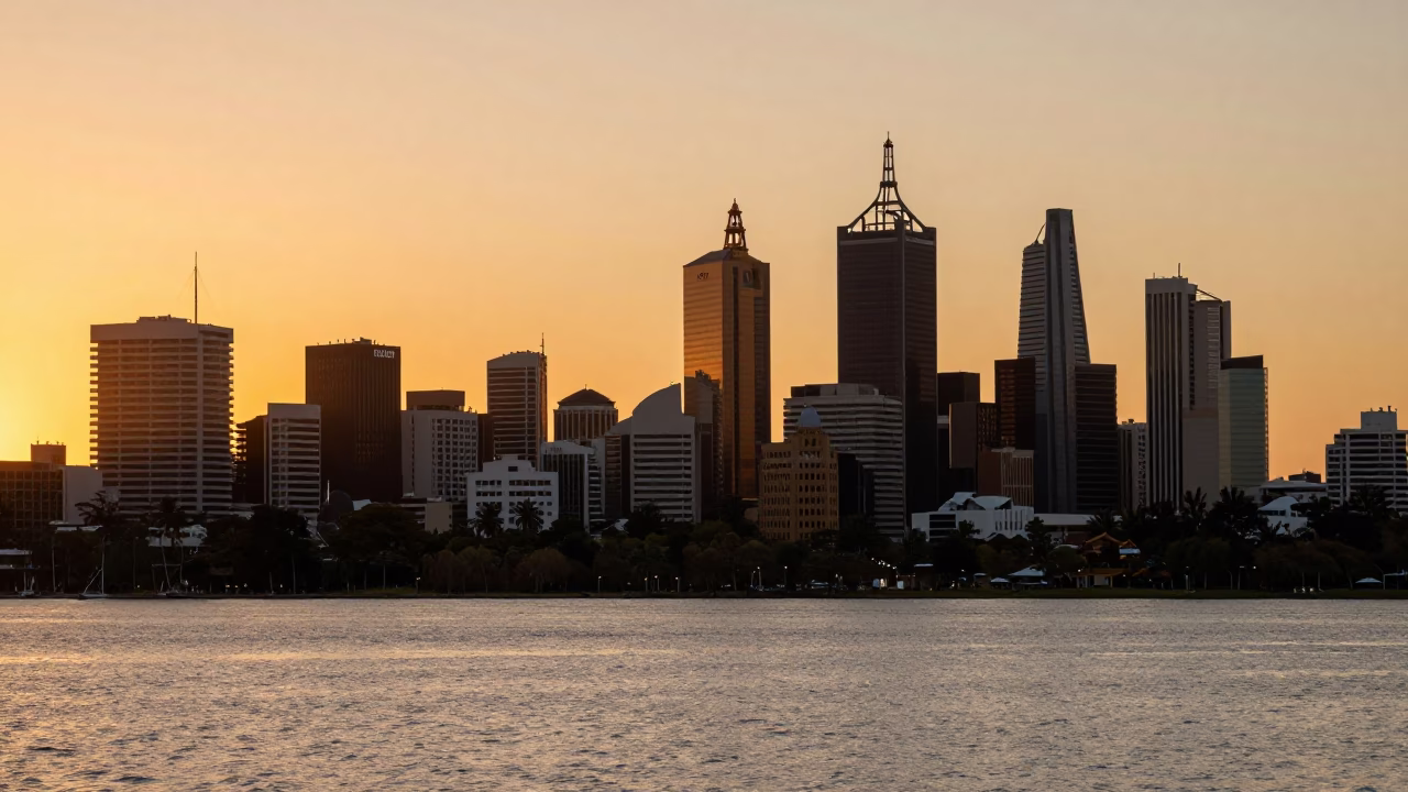 Perth Sunset Golden Hour View of Swan River and City Skyline from Kings Park in in Perth, Western Australia, Australia