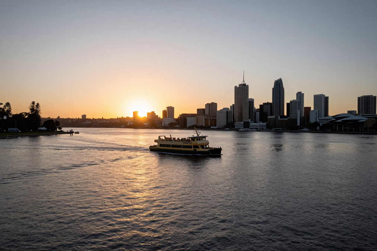 Perth Sunset Over Swan River with Ferry and City Skyline in Western Australia in in Perth, Western Australia, Australia