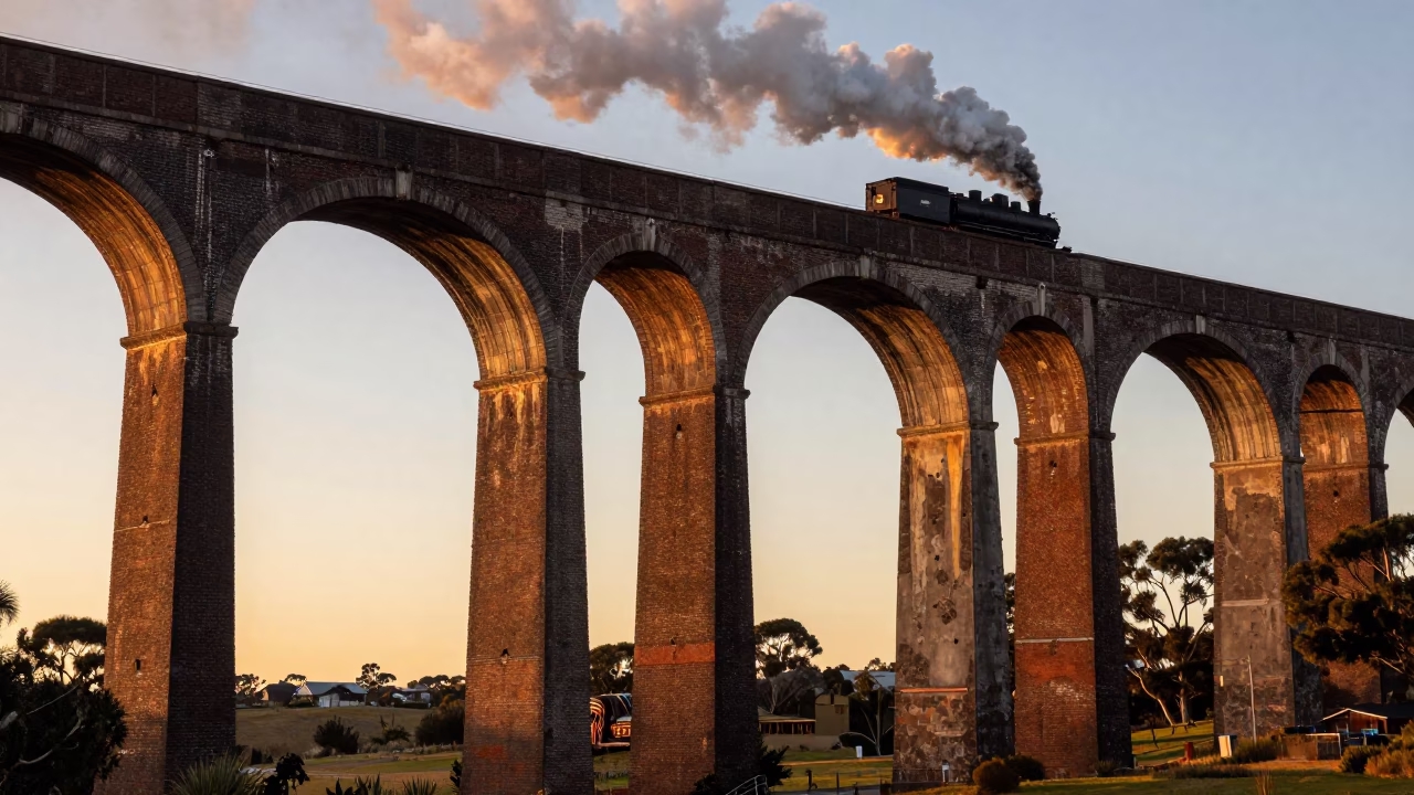 Perth Sunset Railway Viaduct Steam Train Crossing Arches Over Swan River in in Perth, Western Australia, Australia