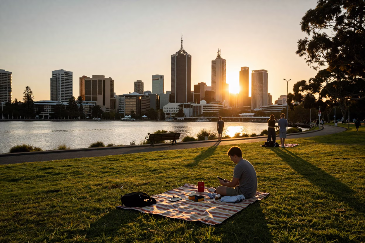 Perth sunset scene with striped fabric and casual street moment in in Perth, Western Australia, Australia