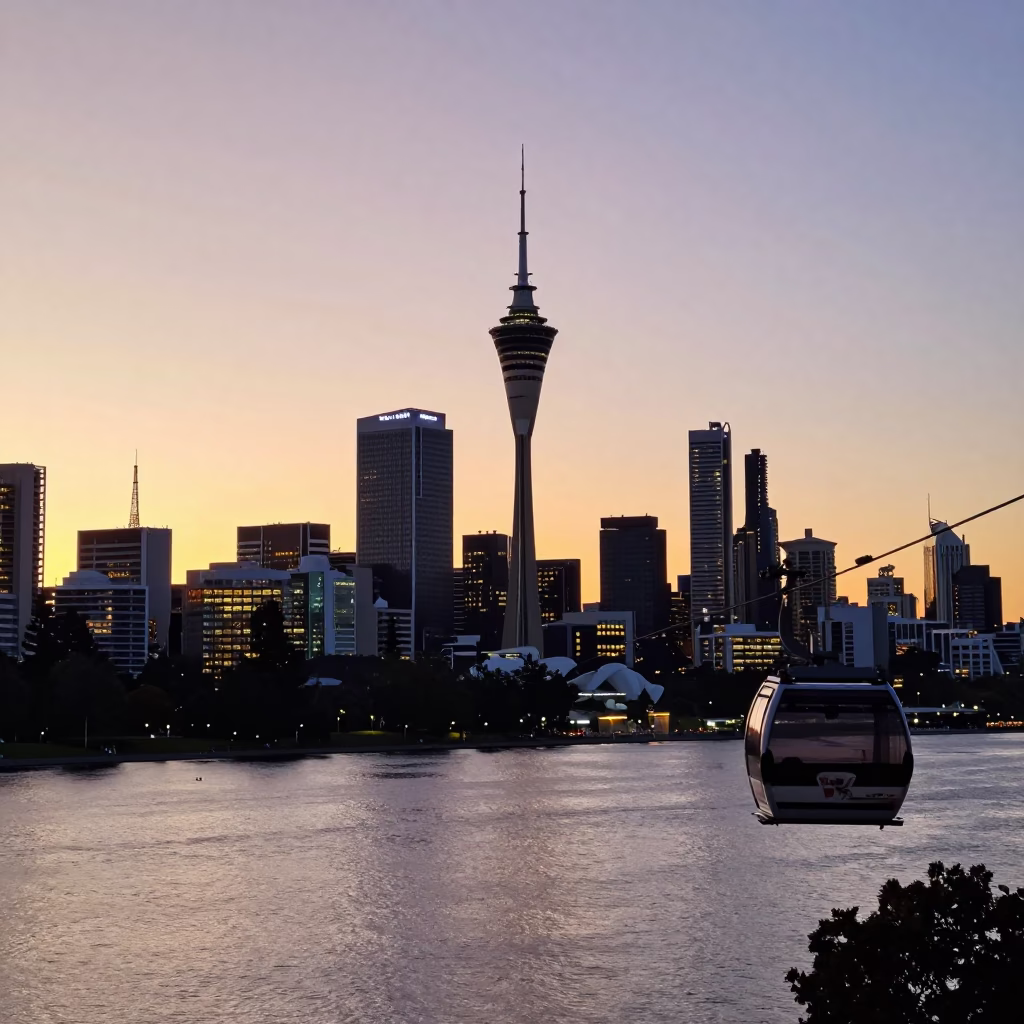Perth Sunset Skyline with Cable Car and City Lights Reflections in in Perth, Western Australia, Australia