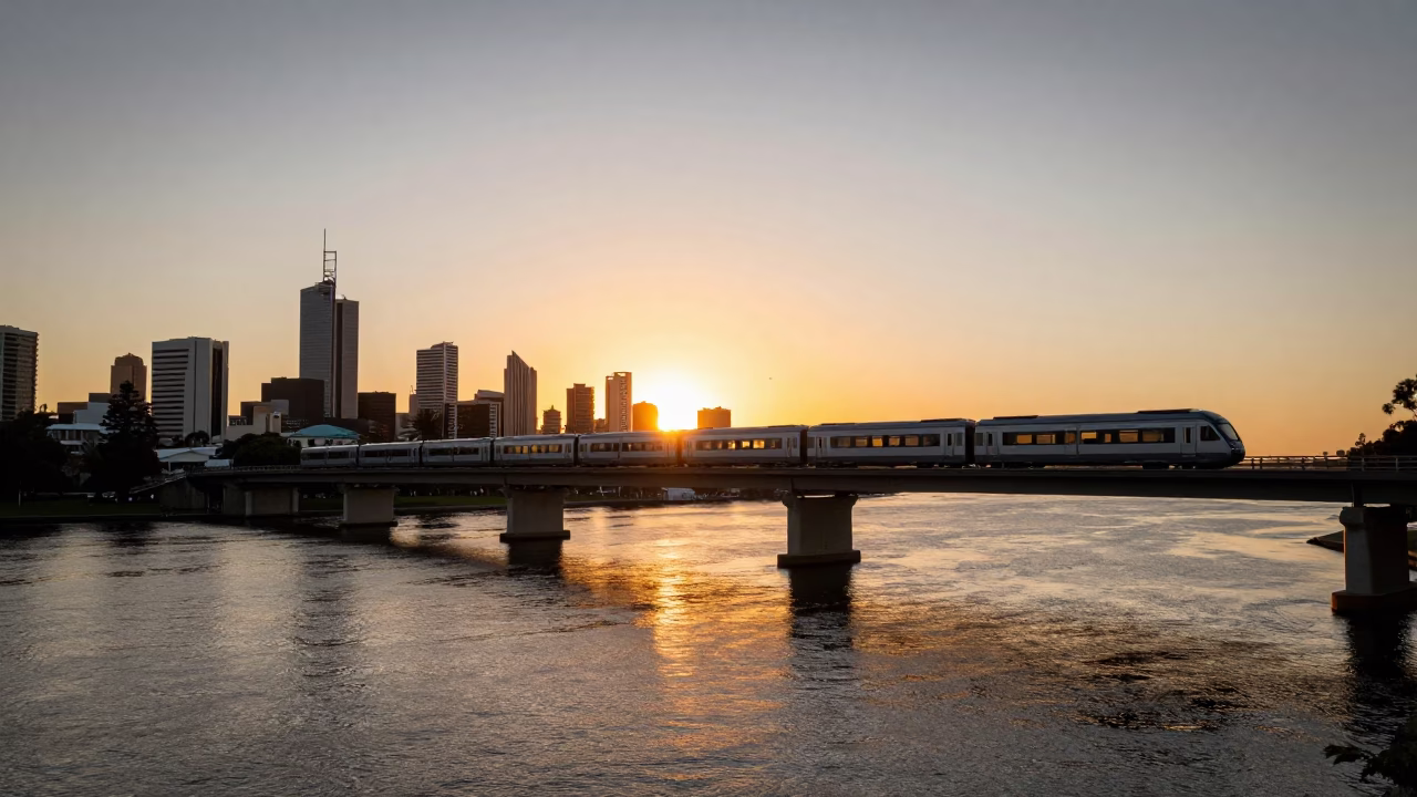 Perth Sunset Skytrain Crossing Swan River with City Skyline Reflections in in Perth, Western Australia, Australia