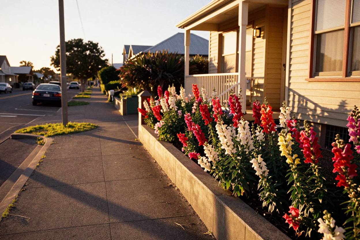 Perth Sunset Street Scene with Snapdragons and Vintage 1970s Atmosphere in in Perth, Western Australia, Australia