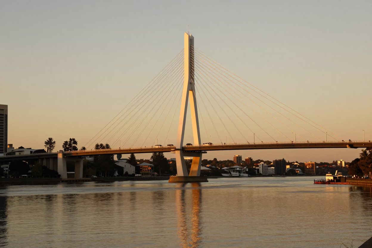Perth Swan River Bridge Evening Light Reflections and Urban Waterfront in in Perth, Western Australia, Australia