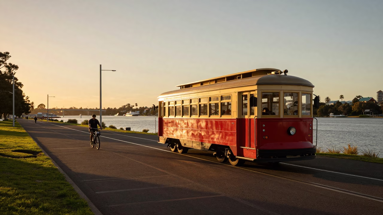 Perth Swan River Evening Light with Old Trolley and Bicycle Basket in Western Australia in in Perth, Western Australia, Australia