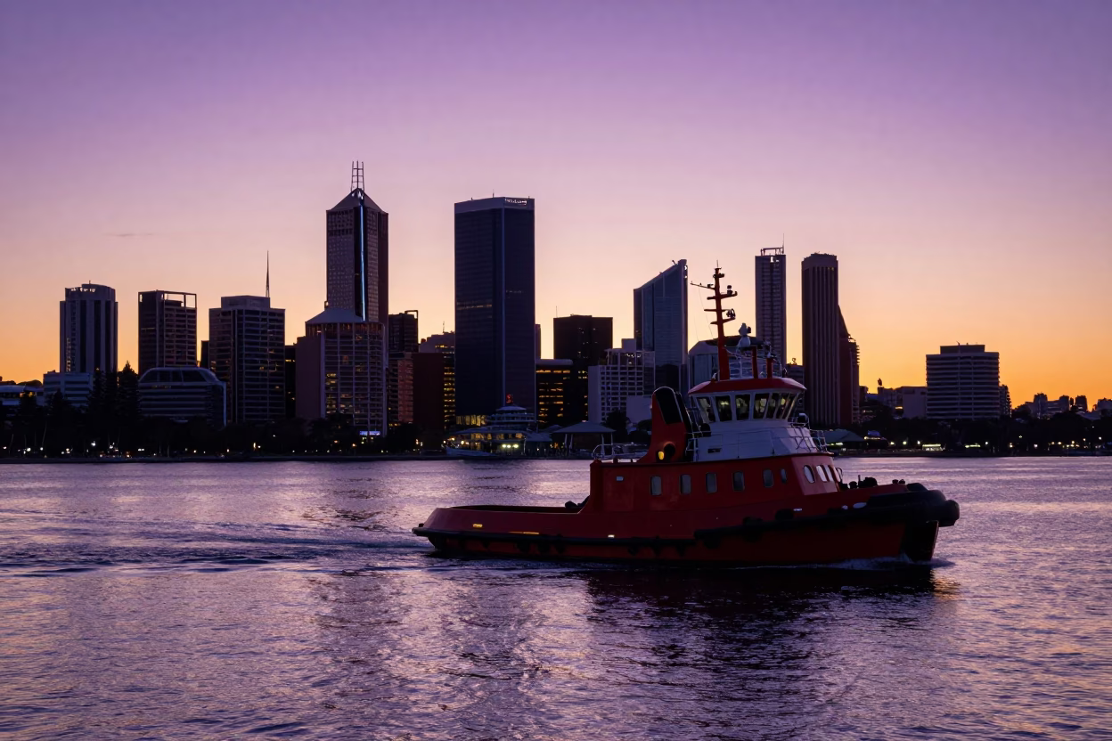 Perth Swan River sunset with tugboat and city skyline view in in Perth, Western Australia, Australia