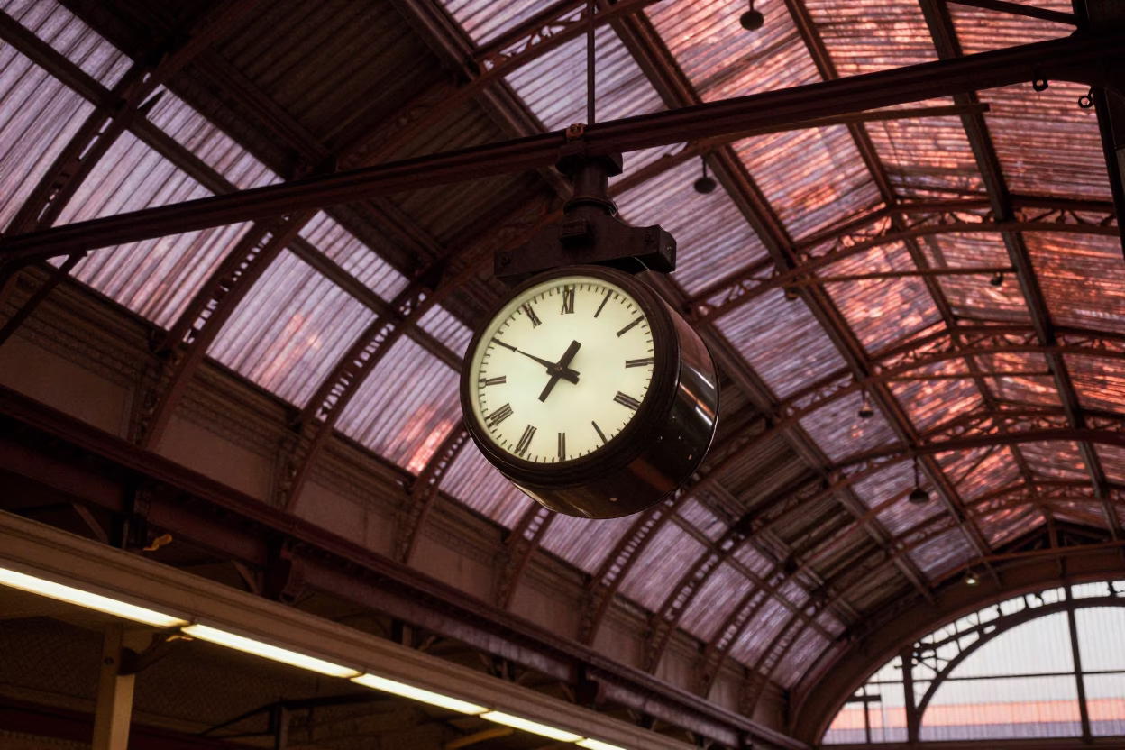 Perth Train Station Clock Under Vaulted Iron Roof in Copper Toned Light Before Dusk in in Perth, Western Australia, Australia