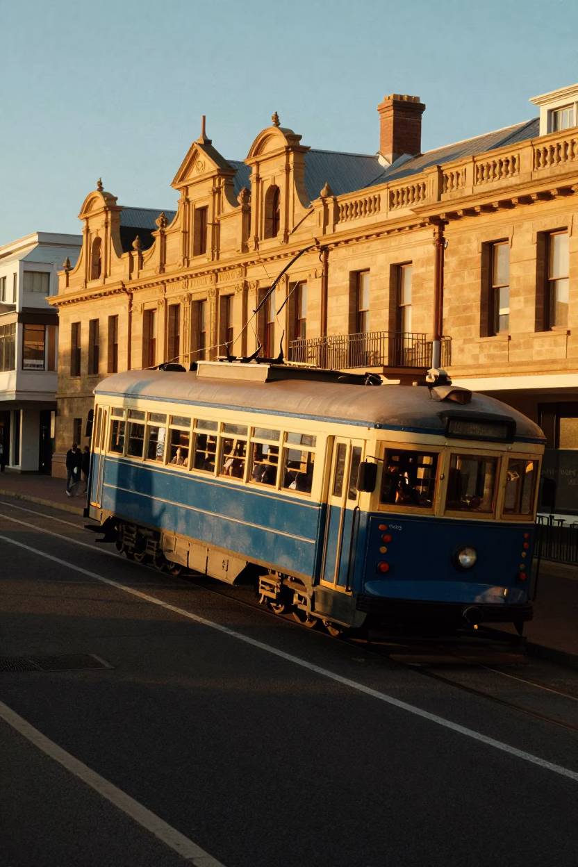 Perth Tram Climbing steep Hill During Golden Hour Sunset Light in in Perth, Western Australia, Australia