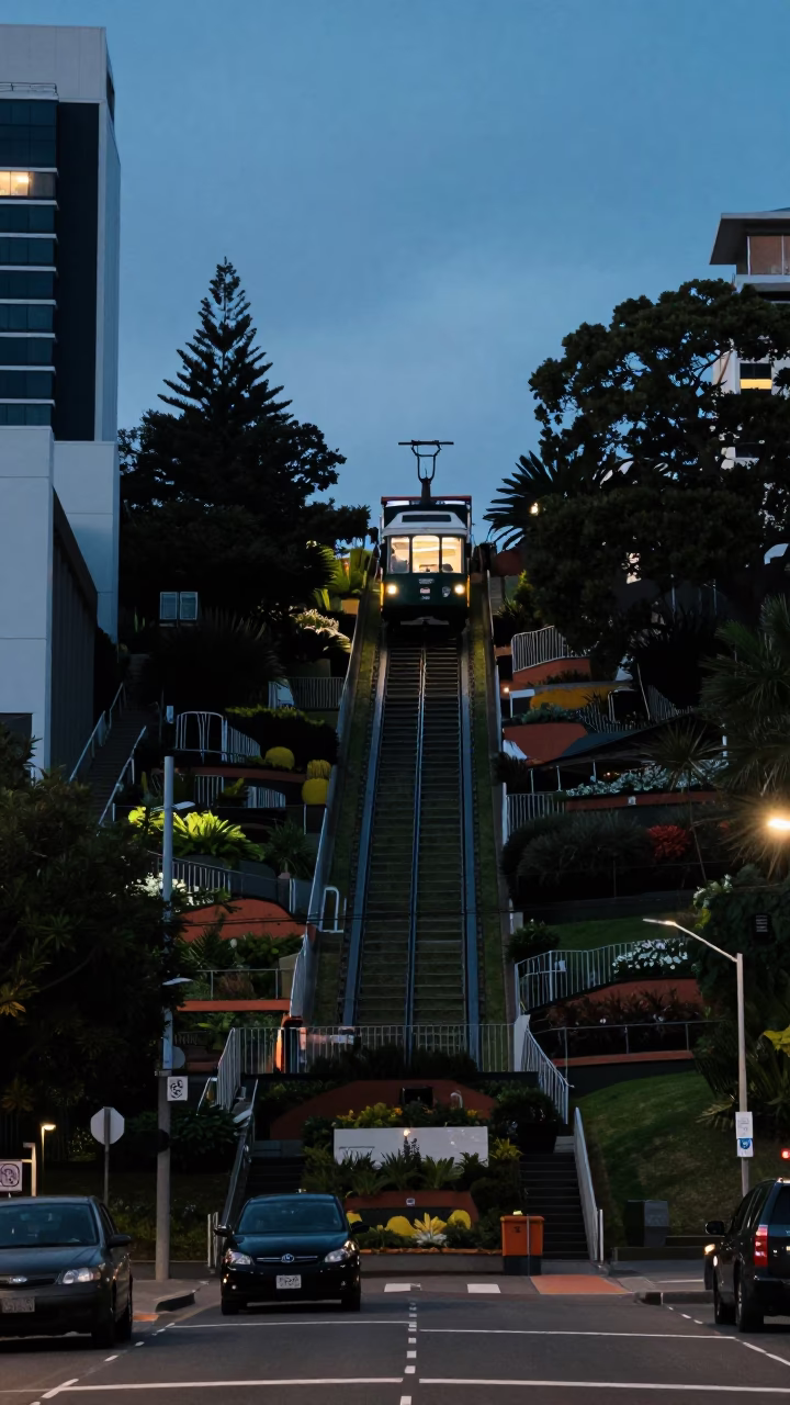 Perth Twilight Scene with Funicular Rising Through Terraced Gardens and Local Street Life in in Perth, Western Australia, Australia